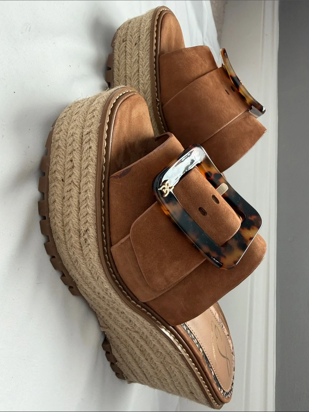 Sam Edelman Livi Suede Espadrille Wedge Slide Sandals with Tortoiseshell Buckle